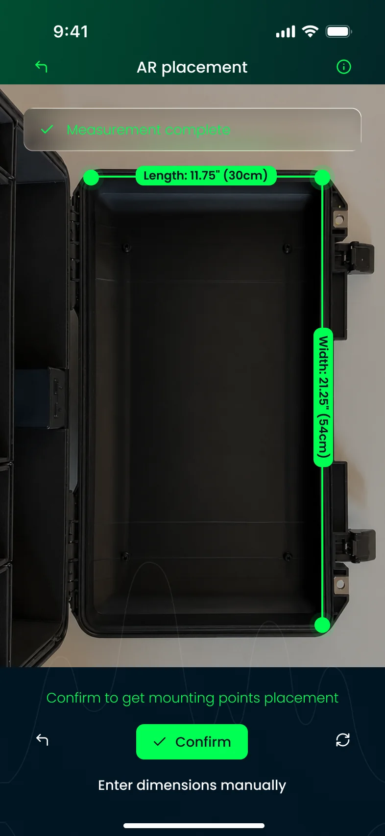 AR placement screen measuring an open case interior at 11.75 by 21.25 inches, with a Confirm button