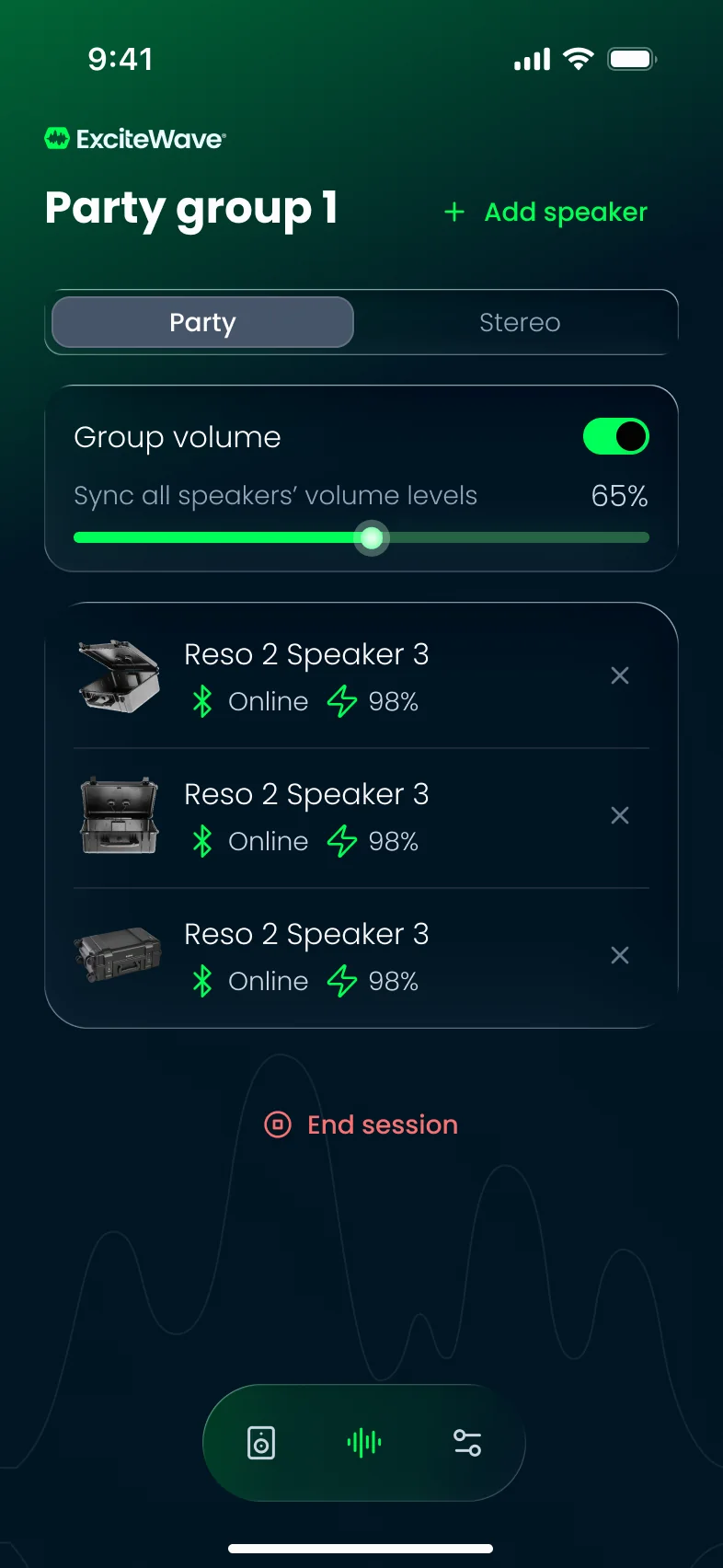 Party group screen in Party mode with group volume synced at 65% and three Reso 2 speakers listed