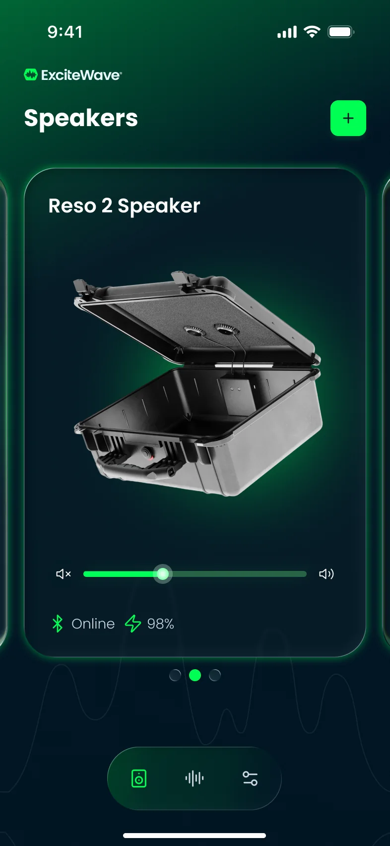 Speakers screen showing a Reso 2 Speaker card with an open hard case, a volume slider, Online status and 98% battery