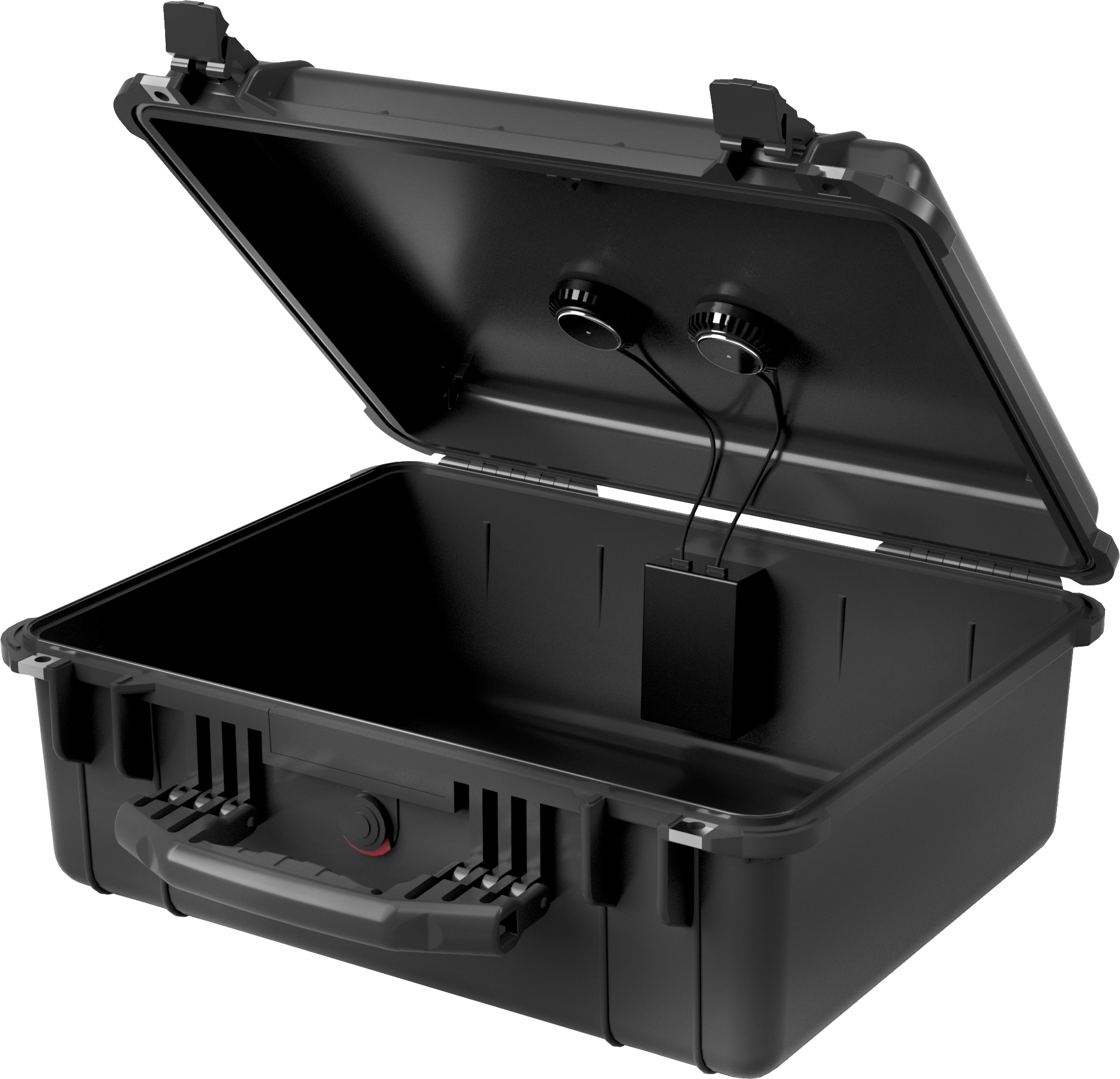 Reso 2 sound pucks and power pack mounted inside a hard case, lid open
