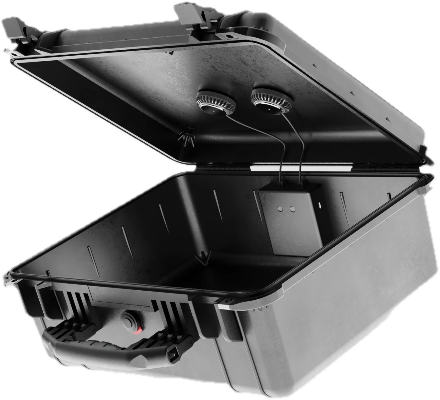 Pelican case with Reso 2 installed, lid open, cut out on a transparent background